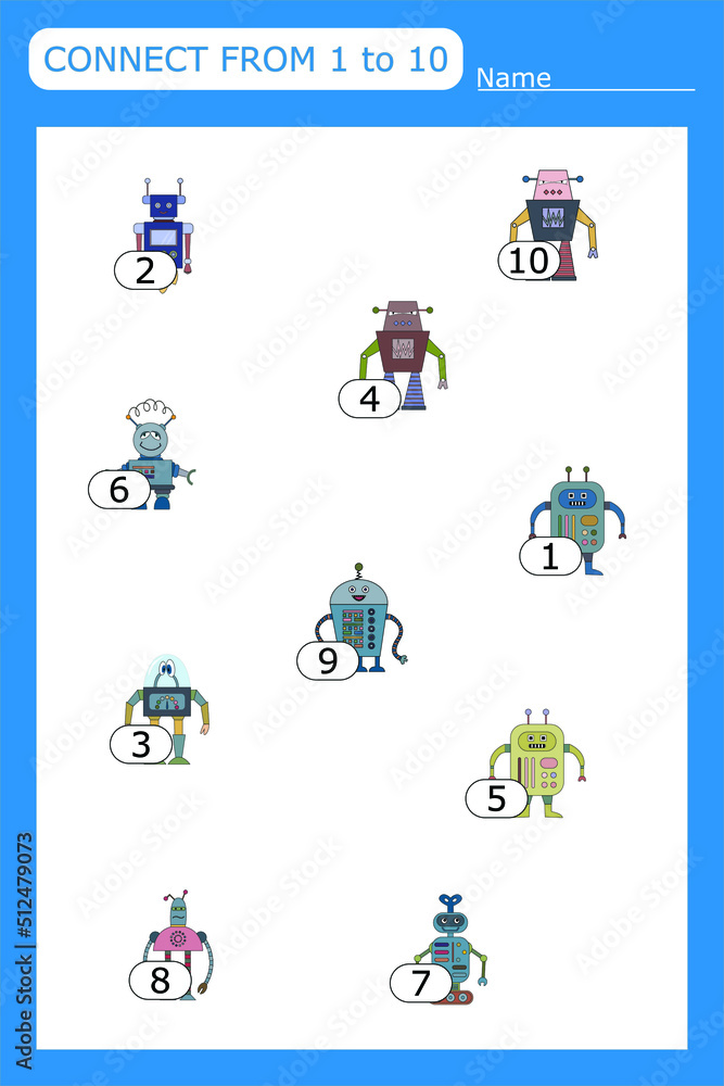 The task is to go through a maze of numbers from 1 to 10 with robots .  Educational exercises for preschool children
