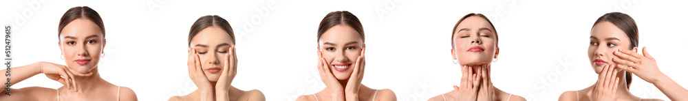 Set of young woman massaging her face on white background Set of young woman massaging her face on white background