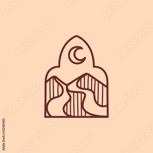 sahara desert sand mountain aesthetic badge logo design vector illustration with crescent moon and unique middle east frame ornament graphic design.