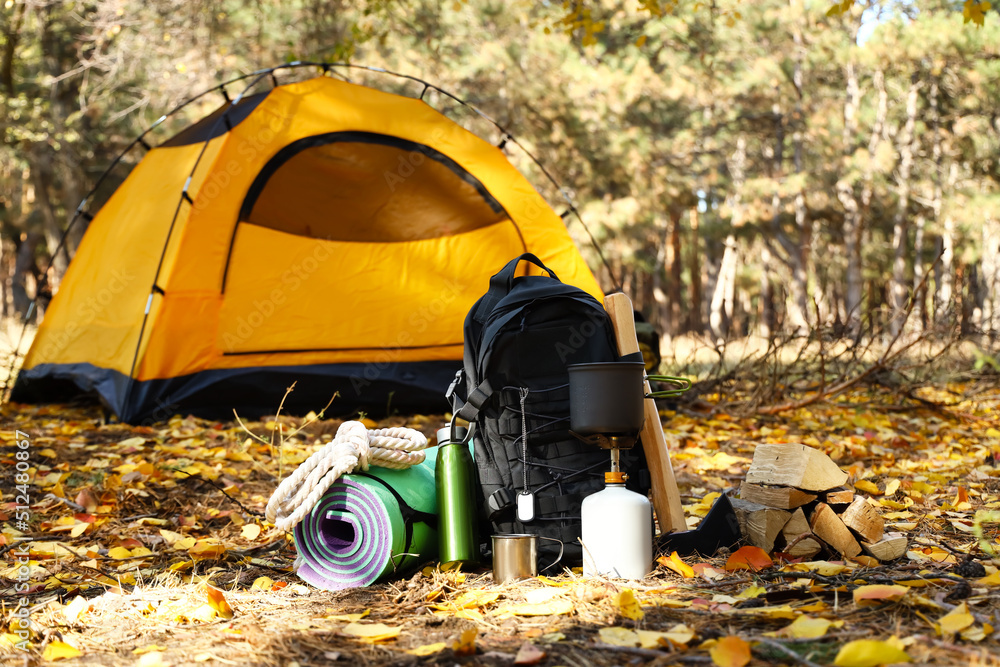 Tourist's survival kit and camping tent in autumn forest - obrazy, fototapety, plakaty 