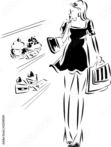 ショッピングを楽しむ女性　線画