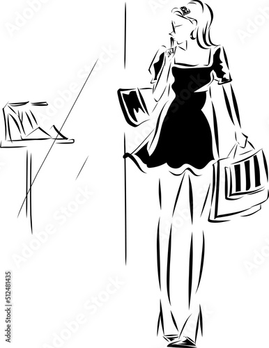 買い物を楽しむ女性　線画