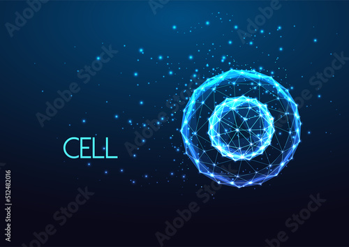 Concept of human cell under microscope in futuristic glowing low poly style on dark blue background