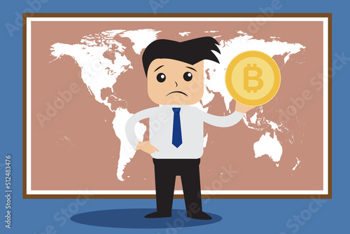 Trader man Holding cryptocurrency coins Global world communication technology for finance, blockchain. Vector illustration