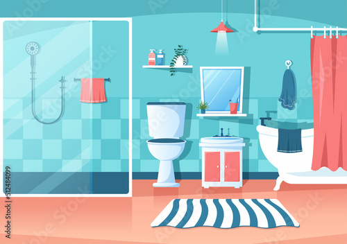 Modern Bathroom Furniture Interior Background Illustration with Bathtub, Faucet Toilet Sink to Shower and Clean up in Flat Color Style