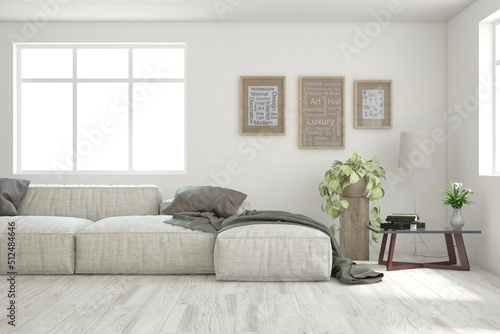 White living room with sofa. Scandinavian interior design. 3D illustration