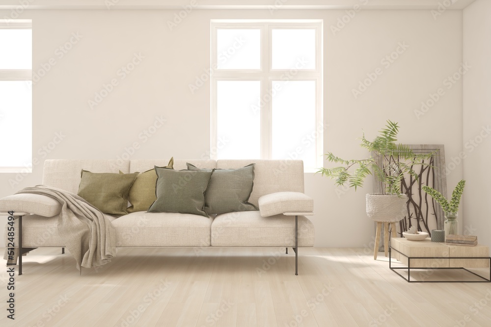 White living room with sofa. Scandinavian interior design. 3D illustration White living room with sofa. Scandinavian interior design. 3D illustration