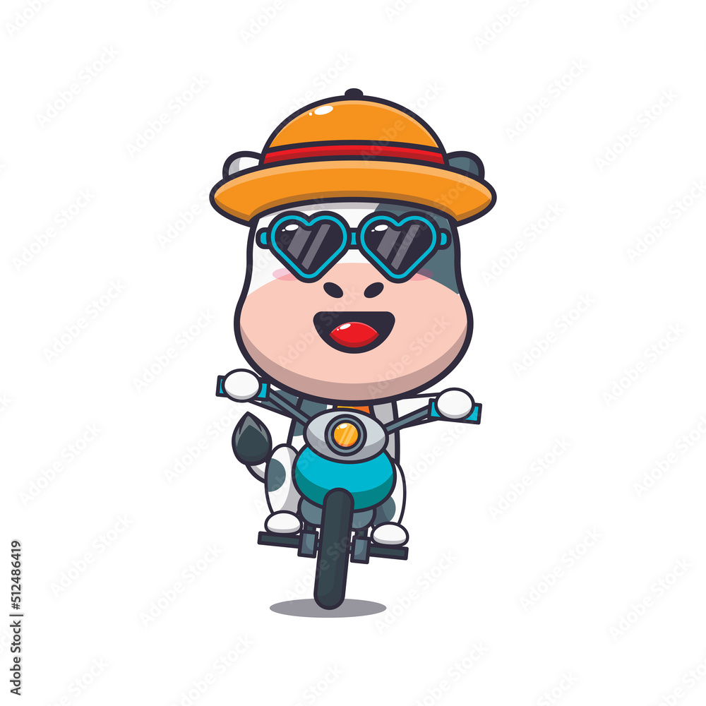 Cool cow cartoon mascot character ride motocycle in summer day