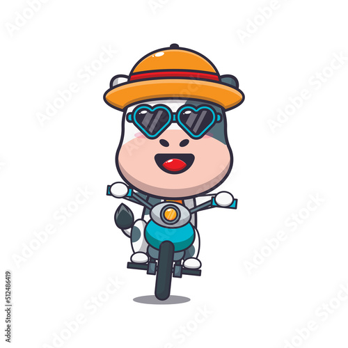 Cool cow cartoon mascot character ride motocycle in summer day