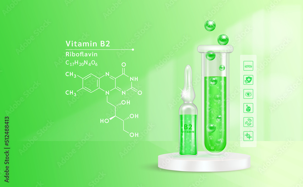 Serum vitamin B2 inside glass ampoule and glass bottles with liquid drug solution. Natural cosmetics. Cosmetology for skin care. On green background. Medical and beauty concept. Realistic 3D vector. Serum vitamin B2 inside glass ampoule and glass bottles with liquid drug solution. Natural cosmetics. Cosmetology for skin care. On green background. Medical and beauty concept. Realistic 3D vector.