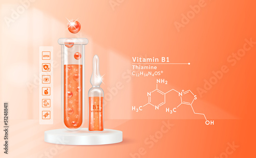 Serum vitamin B1 inside glass ampoule and glass bottles with liquid drug solution. Natural cosmetics. Cosmetology for skin care. On orange background. Medical and beauty concept. Realistic 3D vector.