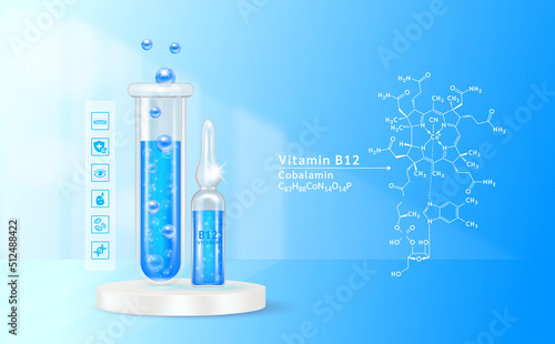 Serum vitamin B12 inside glass ampoule and glass bottles with liquid drug solution. Natural cosmetics. Cosmetology for skin care. On blue background. Medical and beauty concept. Realistic 3D vector.