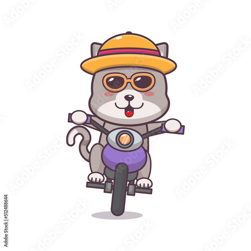 Cool cat cartoon mascot character ride motocycle in summer day