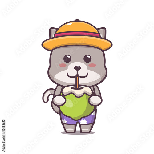 Cute cat cartoon mascot character drink coconut