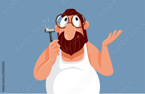 Bearded Man Holding a Razor Vector Cartoon Illustration. Stressed guy deciding to cut his beard at home feeling insecure 
