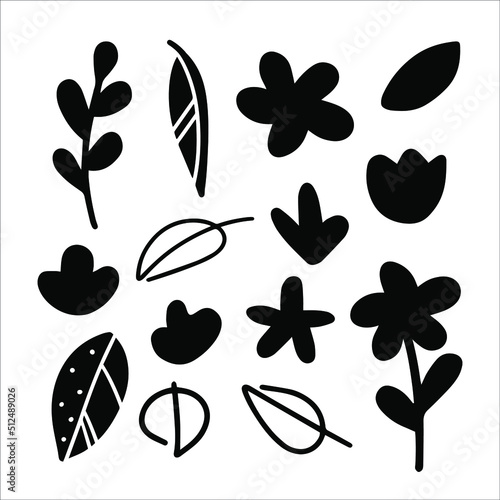 Set of black silhouette ellements isolated on a white background. Collection of leaves and flowers for your design. Hand drawn vector illustration.