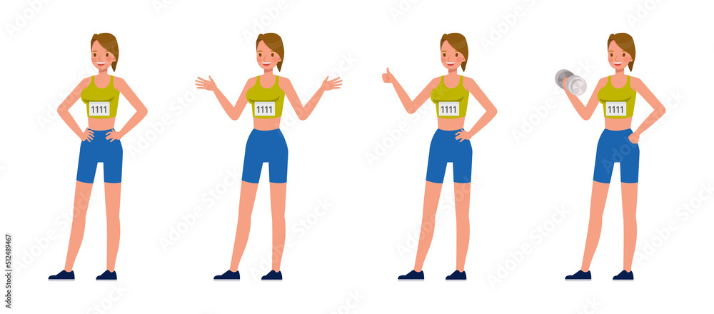 Set of Runner woman character vector design. Presentation in various action with emotions, running, standing and walking. Set of Runner woman character vector design. Presentation in various action with emotions, running, standing and walking.