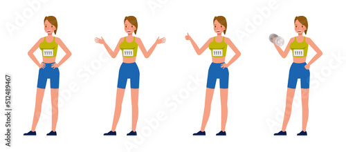 Set of Runner woman character vector design. Presentation in various action with emotions, running, standing and walking.