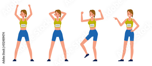Set of Runner woman character vector design. Presentation in various action with emotions, running, standing and walking.
