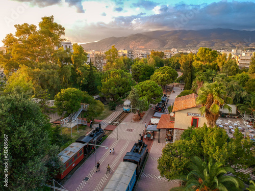 Aerial view of Kalamata Municipal Railway Park. The only open air museum of its kind in Greece and popular among all railway friends worldwide, in Kalamata, Peloponnese, Greece photo