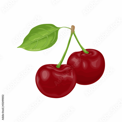 Cherry. An image of a ripe red cherry. Red cherry berries with a green leaf. Garden berries. Vector illustration isolated on a white background
