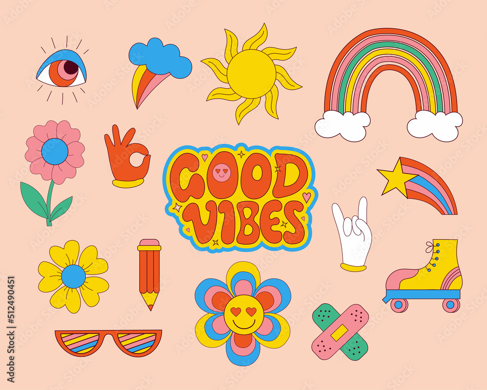 Set of Retro 70s groovy elements, cute funky hippy stickers and lettering motivational slogan of Good vibes. Vector hand drdawn psychedelic clipart. Isolated cartoon positive symbols Set of Retro 70s groovy elements, cute funky hippy stickers and lettering motivational slogan of Good vibes. Vector hand drdawn psychedelic clipart. Isolated cartoon positive symbols