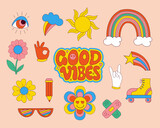 Set of Retro 70s groovy elements, cute funky hippy stickers and lettering motivational slogan of Good vibes. Vector hand drdawn psychedelic clipart. Isolated cartoon positive symbols 