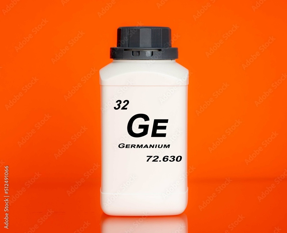 Germanium Ge chemical element in a laboratory plastic container