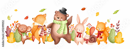 Watercolor Illustration cute autumn animals and falling leaves background
