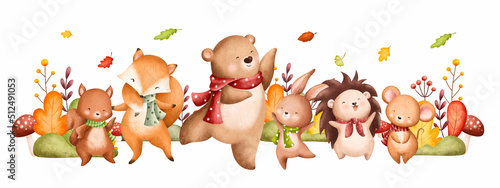 Watercolor Illustration cute autumn animals and falling leaves background