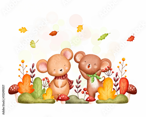 Watercolor Illustration cute autumn mouse and falling leaves