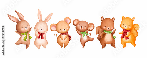 Watercolor set of cute autumn woodland animals 