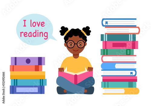 African girl child reading book with stack of books in flat design. I love reading concept. Knowledge is power.