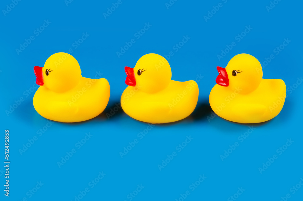 Three toy ducklings on a blue background. Three toy ducklings on a blue background.