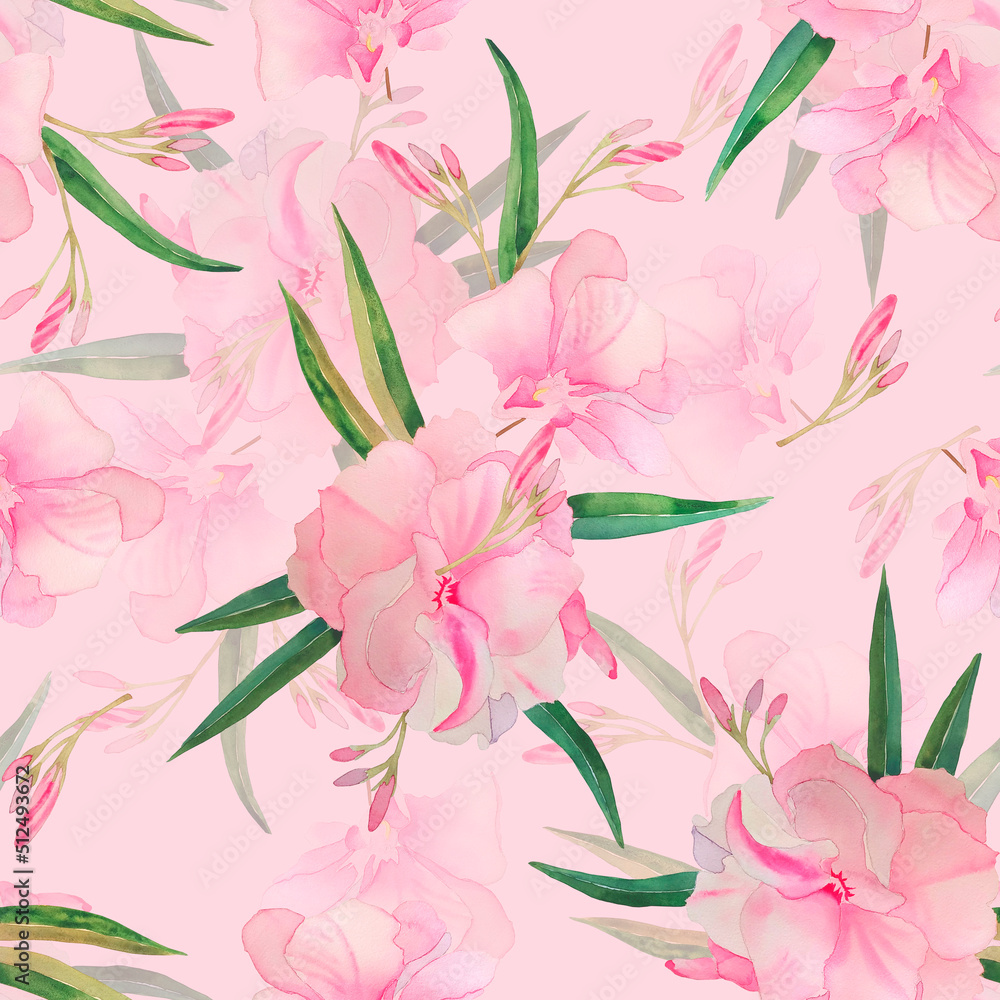 Delicate pink tropical oleander flowers seamless pattern. Exotic flowering shrub summer endless background. For fabric and wedding design. Feminine elegant hand-drawn print.	