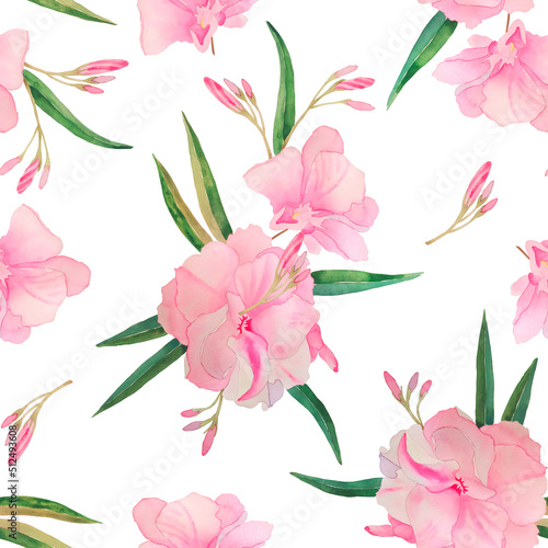 Delicate pink tropical oleander flowers seamless pattern. Exotic flowering shrub summer endless background. For fabric and wedding design. Feminine elegant hand-drawn print.