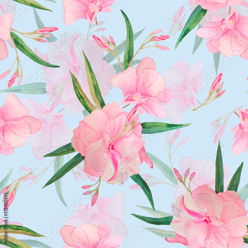 Delicate pink tropical oleander flowers seamless pattern. Exotic flowering shrub summer endless background. For fabric and wedding design. Feminine elegant hand-drawn print. 