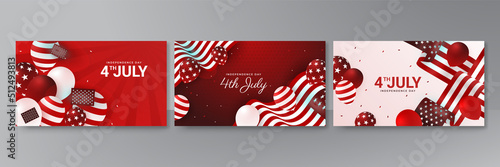 USA flag background. American flag waving in the wind vector illustration. Happy 4th of July stars balloons fireworks - Independence Day USA red background for celebration poster template