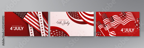 USA flag background. American flag waving in the wind vector illustration. Happy 4th of July stars balloons fireworks - Independence Day USA red background for celebration poster template