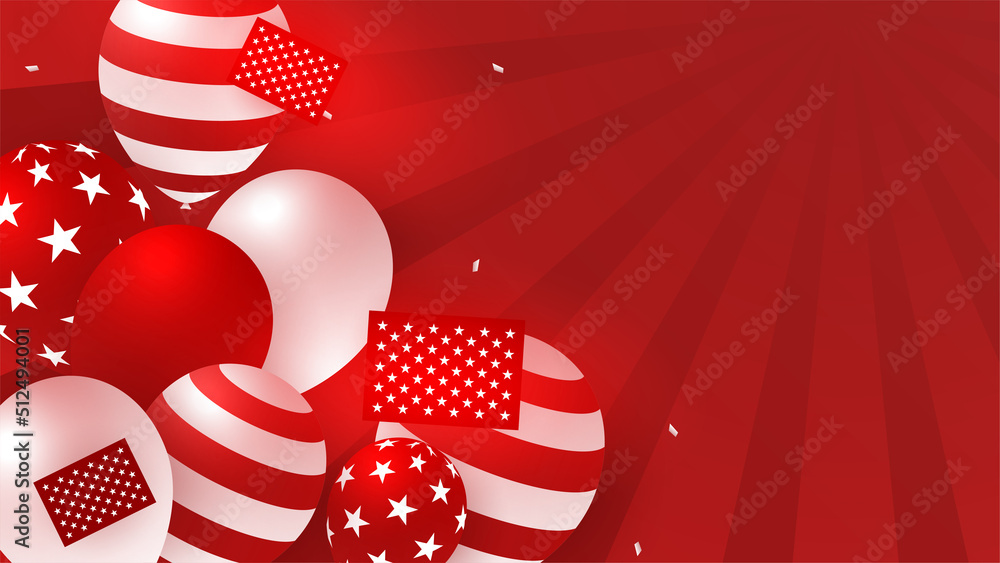 Fototapeta premium USA flag background. American flag waving in the wind vector illustration. Happy 4th of July stars balloons fireworks - Independence Day USA red background for celebration poster template