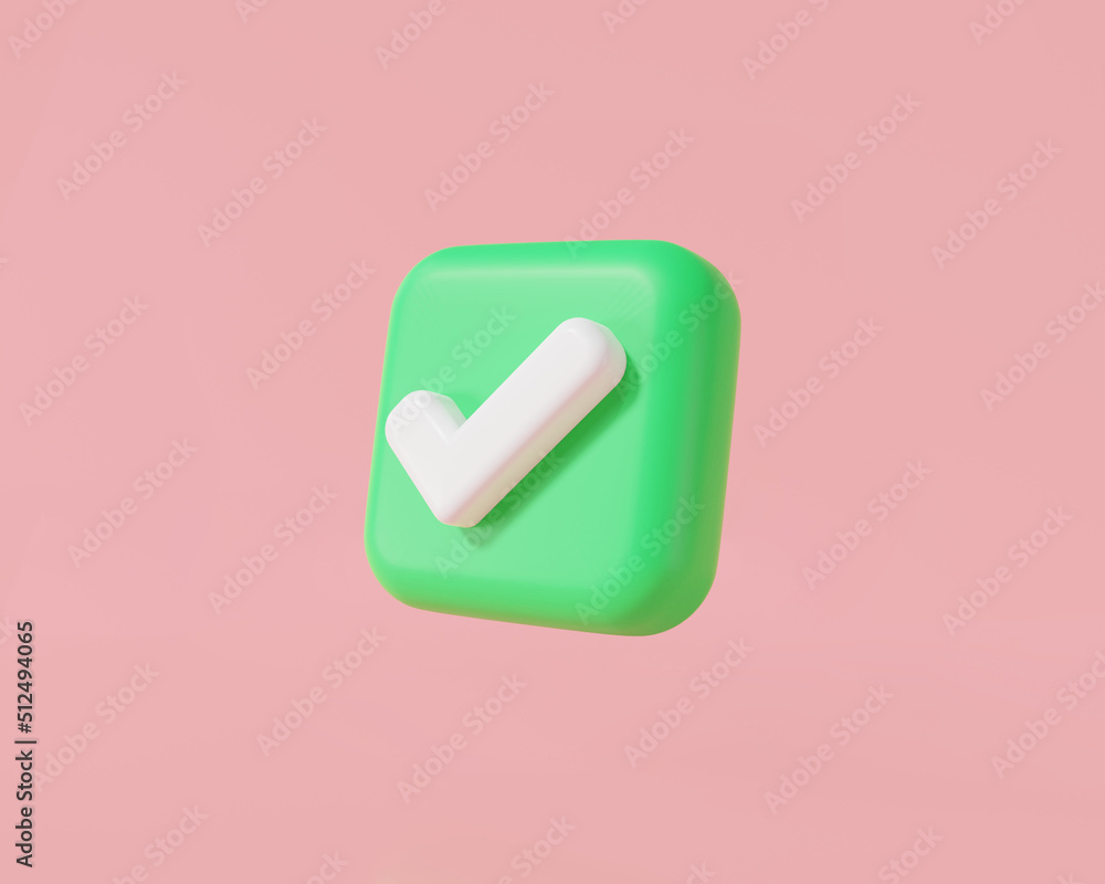 3d green check mark icon in a square isolated on pink background. Tick symbol in green color, Like, correct, success, approve, Accept button. 3d rendering illustration. Cartoon minimal style 3d green check mark icon in a square isolated on pink background. Tick symbol in green color, Like, correct, success, approve, Accept button. 3d rendering illustration. Cartoon minimal style
