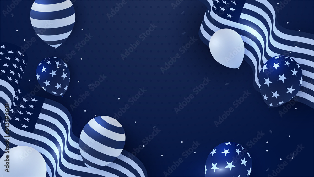 USA flag background. American flag waving in the wind vector illustration. Happy 4th of July stars balloons fireworks - Independence Day USA blue red background for celebration poster template USA flag background. American flag waving in the wind vector illustration. Happy 4th of July stars balloons fireworks - Independence Day USA blue red background for celebration poster template