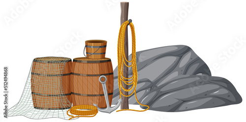Fishing objects set isolated