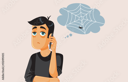 Man on Call Waiting Message Feeling Bored Vector Cartoon. Person calling a customer service line being put on hold
