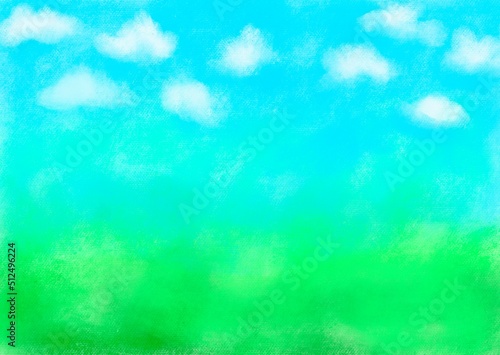 パステル風で空と雲に緑の草原イメージの背景素材 © sato