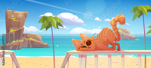Cute cat rubs against fence on wooden terrace on sea beach. Vector cartoon illustration of summer tropical landscape with palm trees and funny tabby kitten on railing of veranda