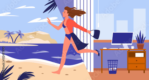 Businesswoman leaving office desk and computer to enjoy vacation on tropical sea beach vector illustration. Cartoon happy woman running in hurry to rest background. Summer holiday, job concept