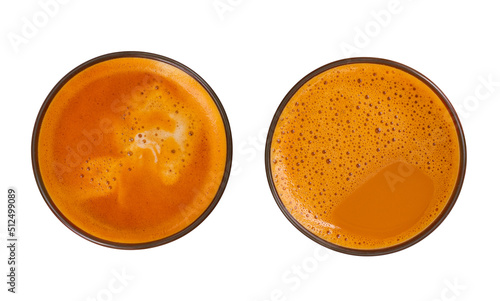 Closeup glass of Thai tea isolated on a white background with clipping path. Top view collection set