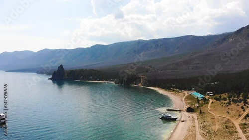 Sandy Bay in summer. Aerial view of the sandy beach. Cape Kolokolny. Lake Baikal photo