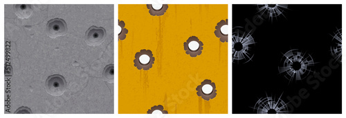 Bullet holes in stone, metal and glass wall textures, seamless background for game. Round gun shots, breaks and gaps with rough edges and cracks, damaged surface Realistic 3d vector illustration, set